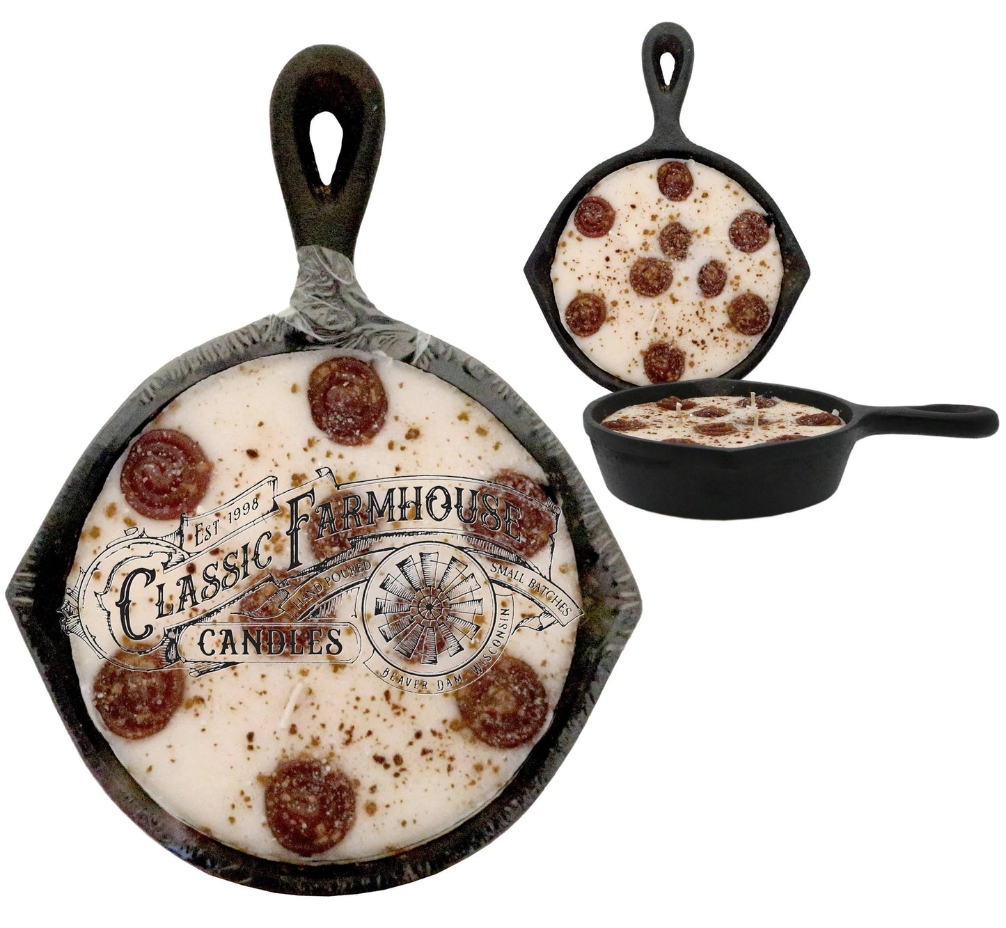 Cinnamon bun-scented candle in a mini cast iron pan with realistic topping details.