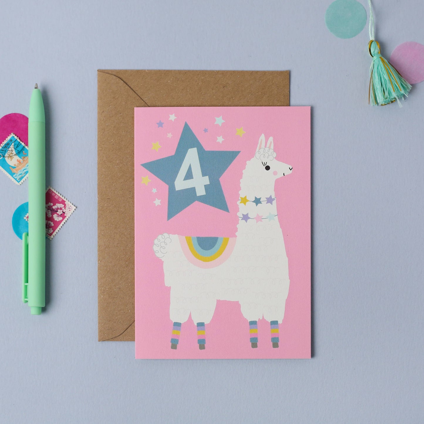 Pink llama birthday card with number 4 and colorful stars for kids