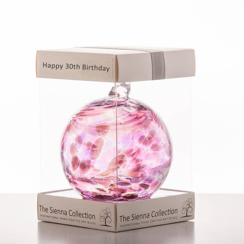 Pink 10cm glass friendship ball in gift box labeled Happy 30th Birthday