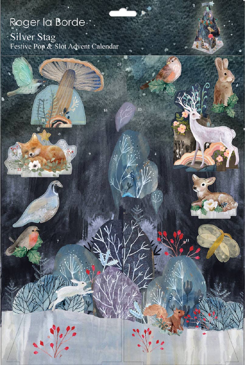 Large tree-shaped advent calendar with a silver stag design, featuring festive pop & slot pieces and woodland creatures.
