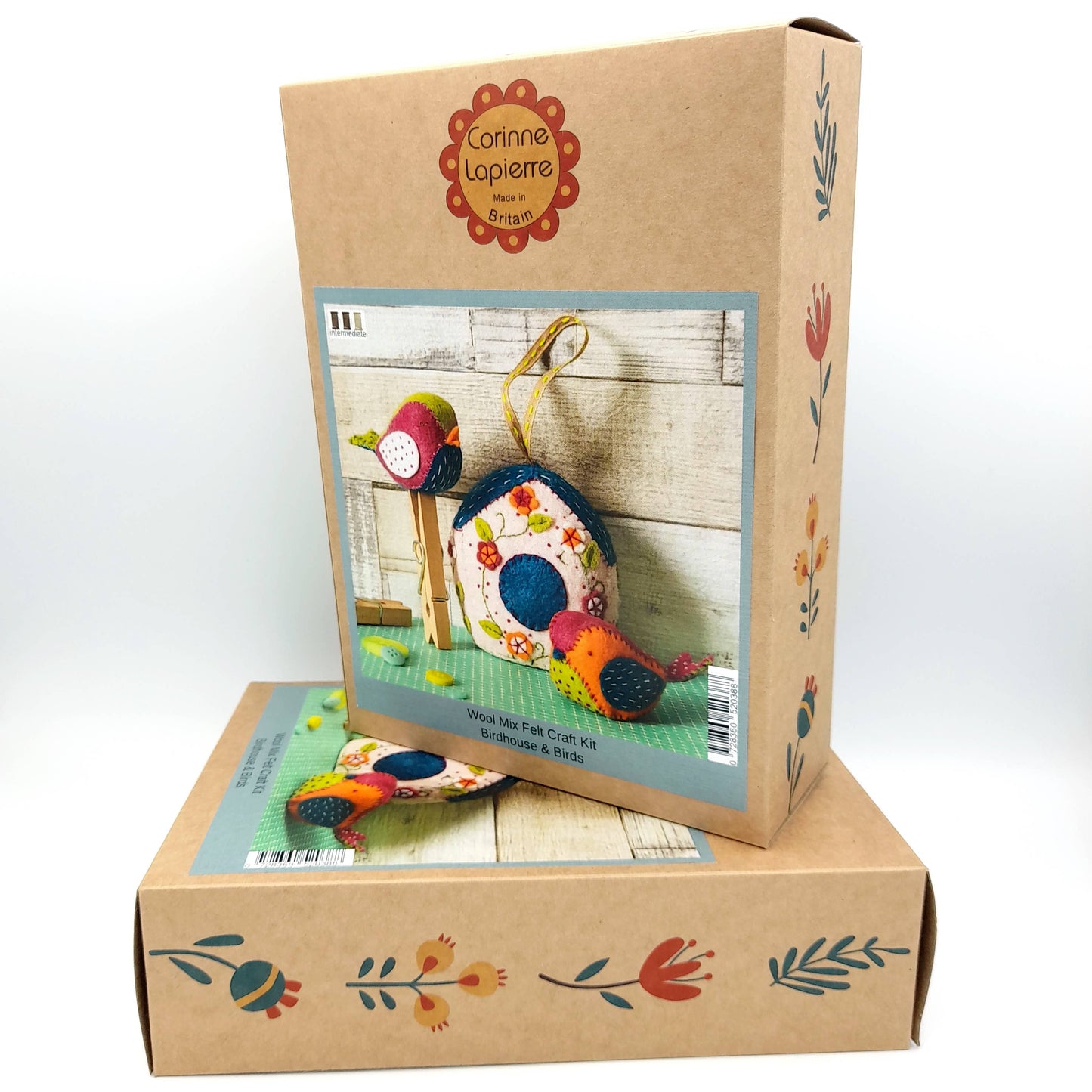 A felt craft kit featuring a birdhouse and birds, handmade with wool mix, colorful details, and floral accents.