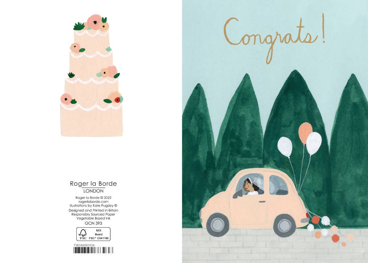 Petite wedding card featuring a bride in a car with balloons, gold foil detail, and a tiered cake.