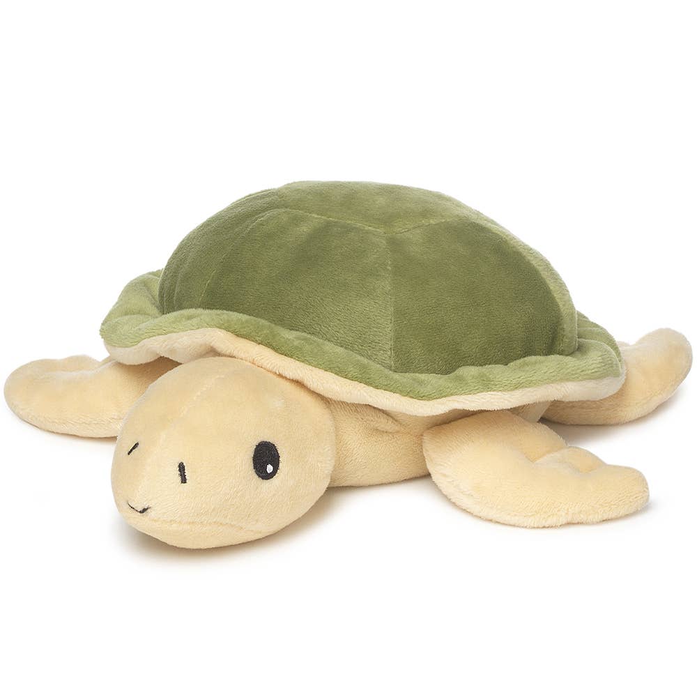 Plush turtle with green shell and beige body, soft and cuddly