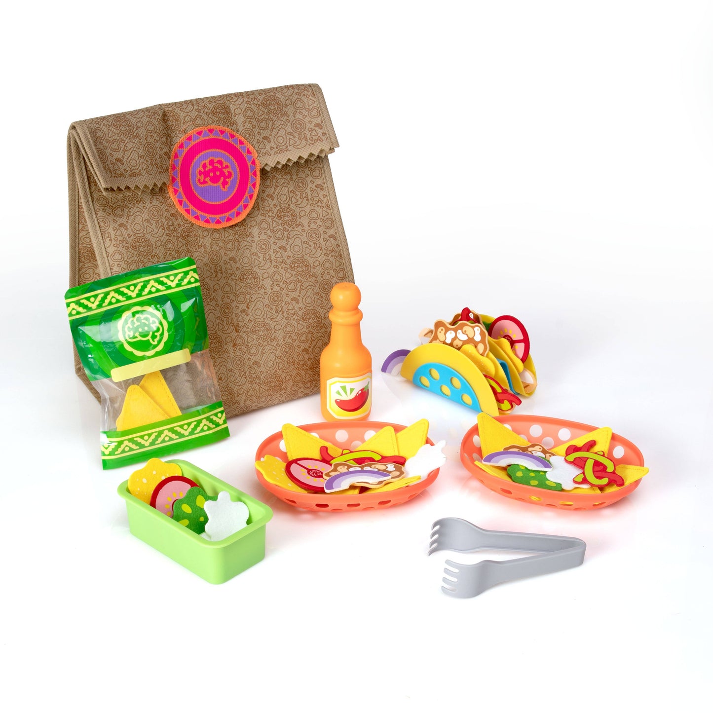 Colorful felt play set with nachos, tacos, and ingredients for kids' pretend play.