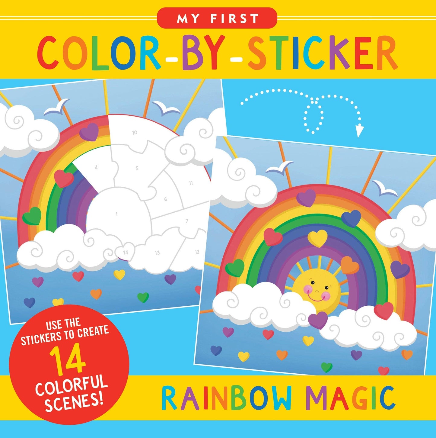 Colorful children's sticker book featuring a rainbow and smiling sun design