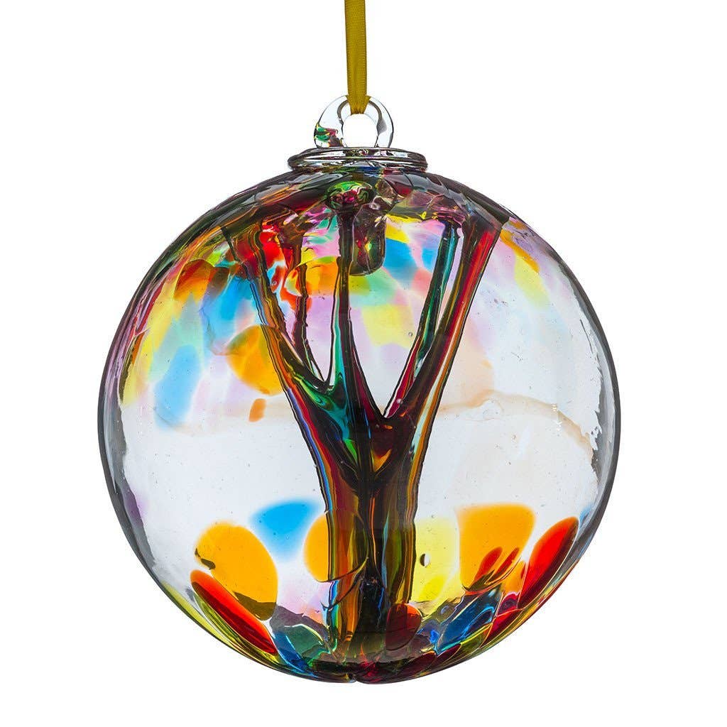 Colorful glass spirit ball with textured multicoloured design and hanging ribbon