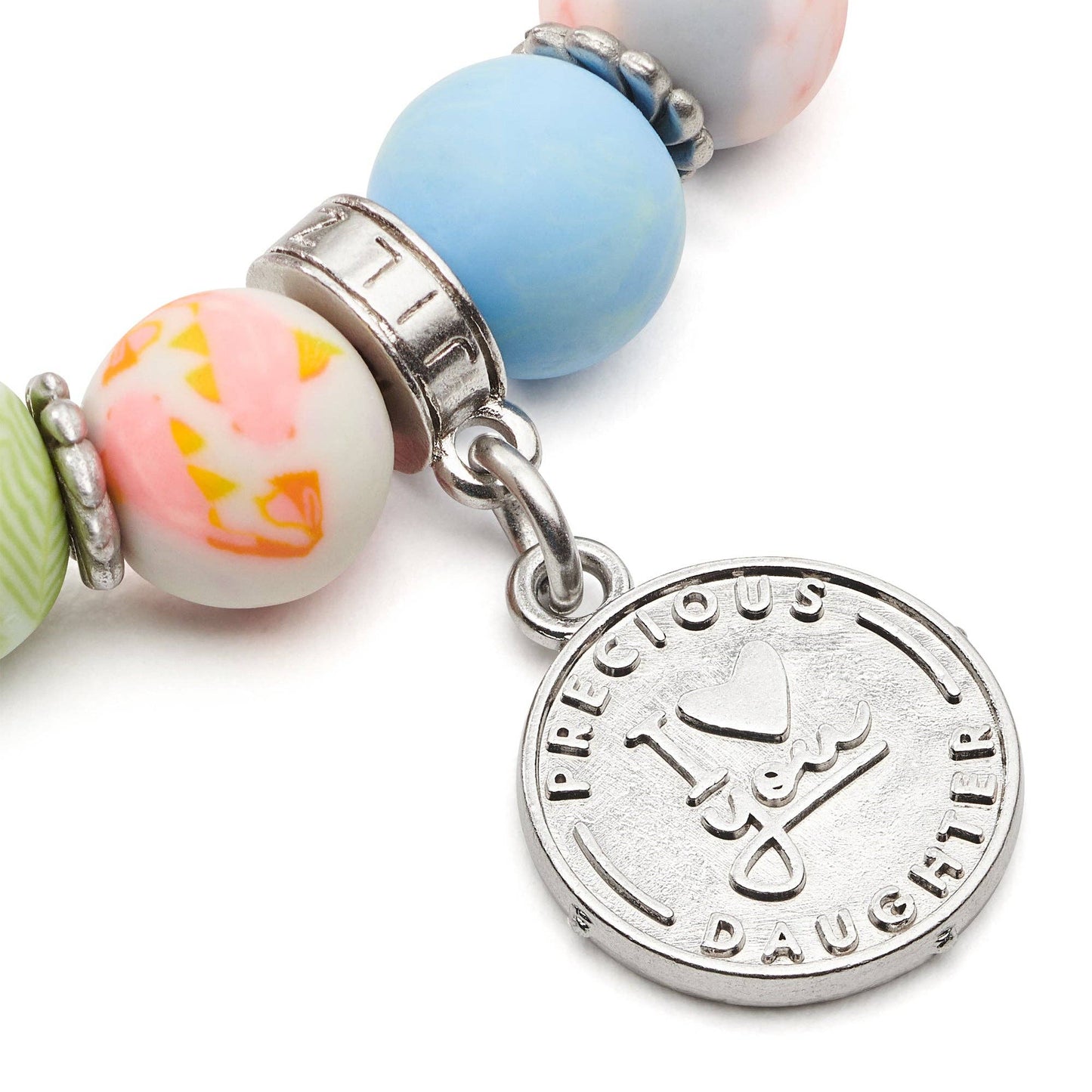 Elastic bracelet with colorful beads and a silver "Precious Daughter" charm.
