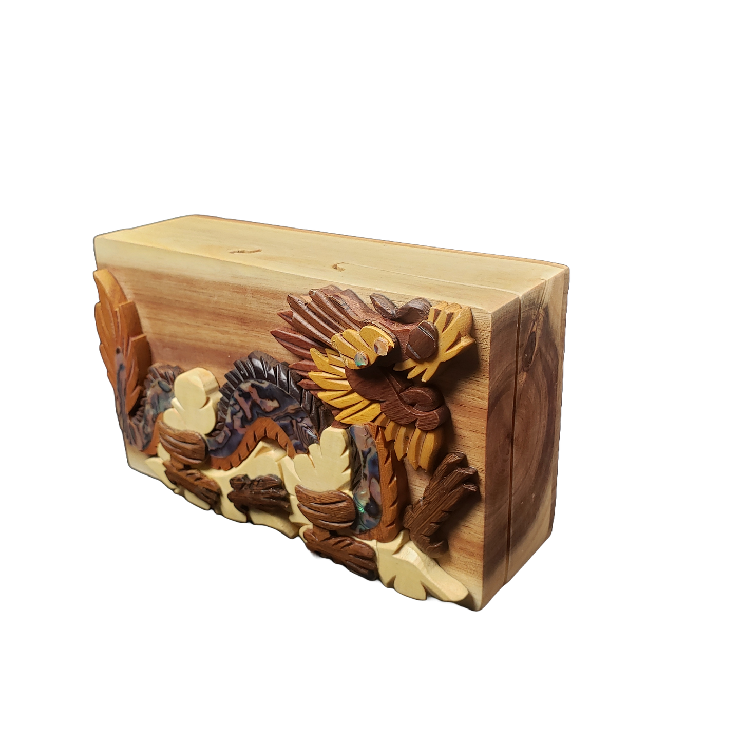 Hand-carved wooden keepsake box featuring a detailed dragon design with mother of pearl accents.