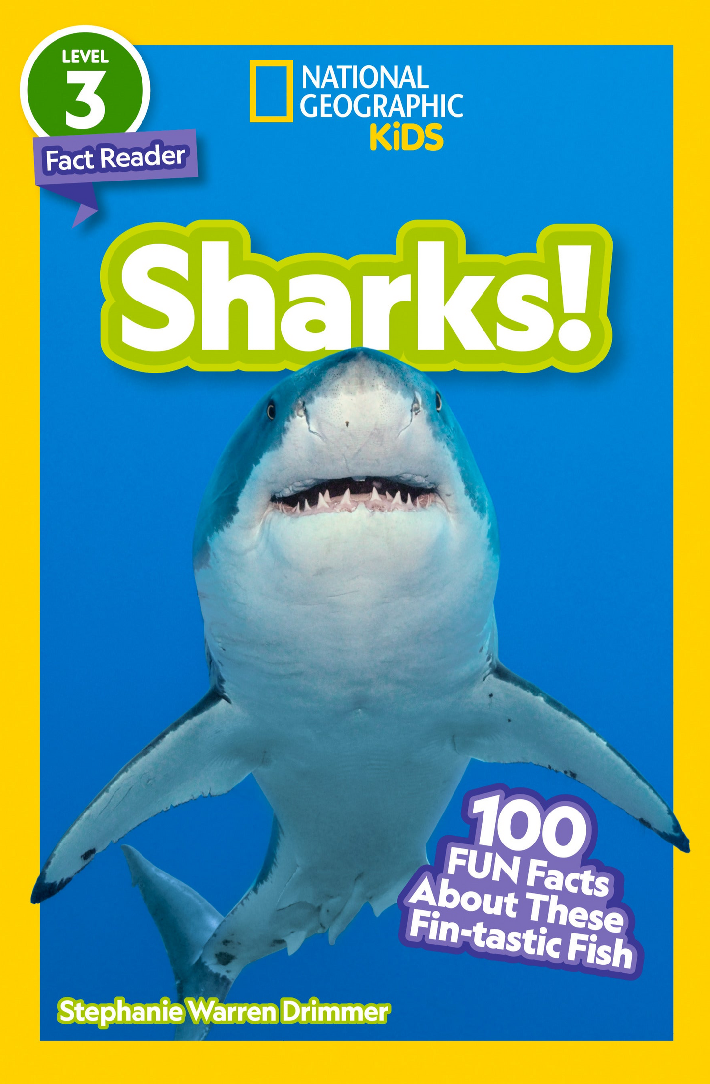 Colorful children's shark book with a photo of a great white shark and bright yellow border