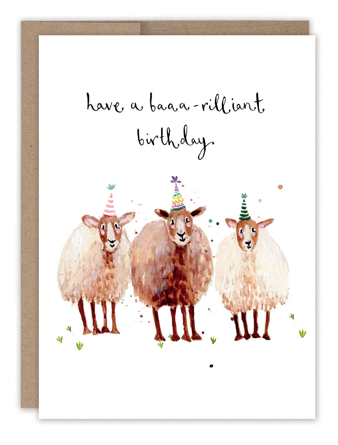 Birthday card with three illustrated sheep in party hats and the text 'have a baaa-rilliant birthday'