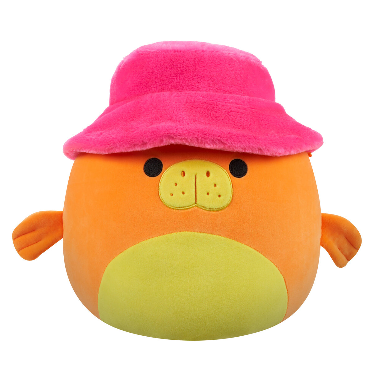Orange and yellow manatee plush with fins and a fuzzy bright pink bucket hat.