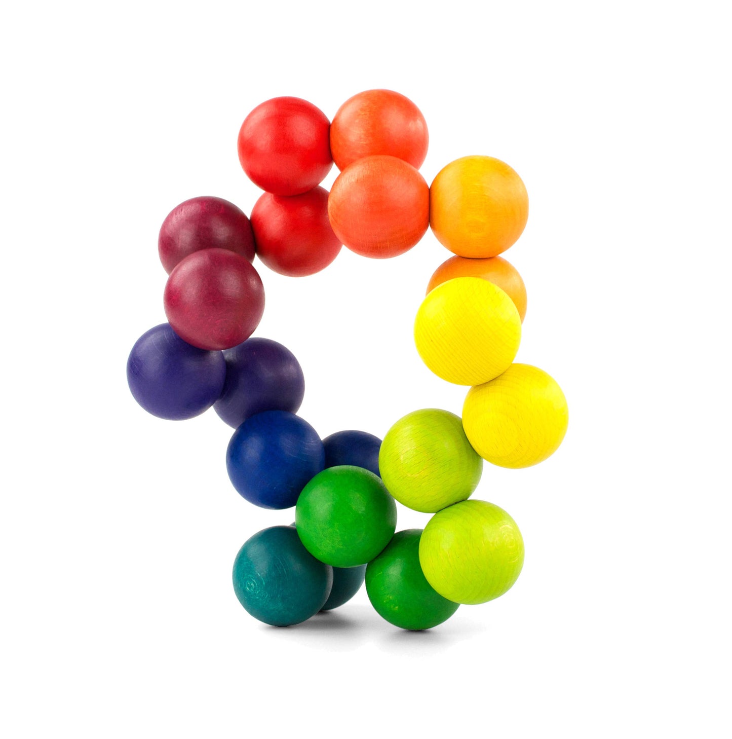 Colorful wooden spheres linked together in a flexible, artistic arc