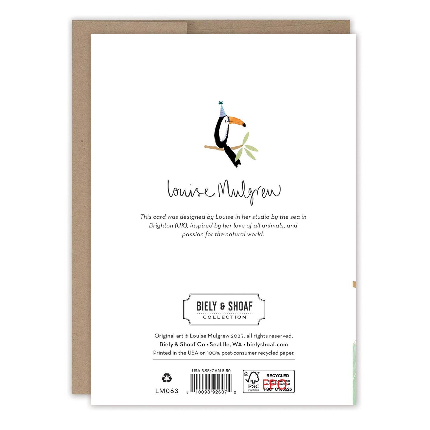 A handmade birthday card featuring a toucan and giraffe illustration, printed on recycled paper.