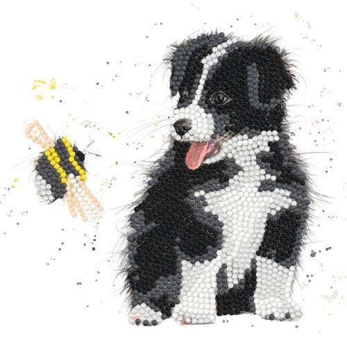 Diamond art card featuring a black and white puppy with a bee.