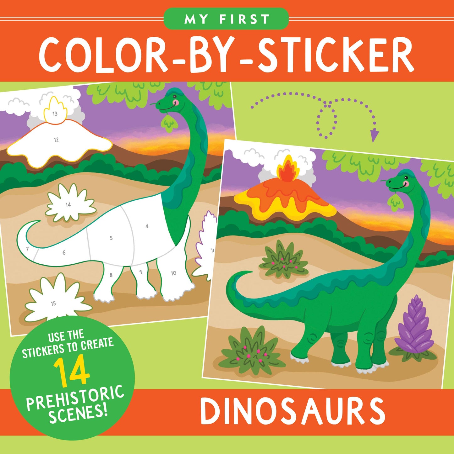 A vibrant dinosaur-themed color-by-sticker activity book for kids, featuring 14 prehistoric scenes.