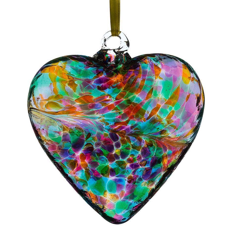 Mouth-blown multicoloured turquoise glass heart ornament with ribbon loop
