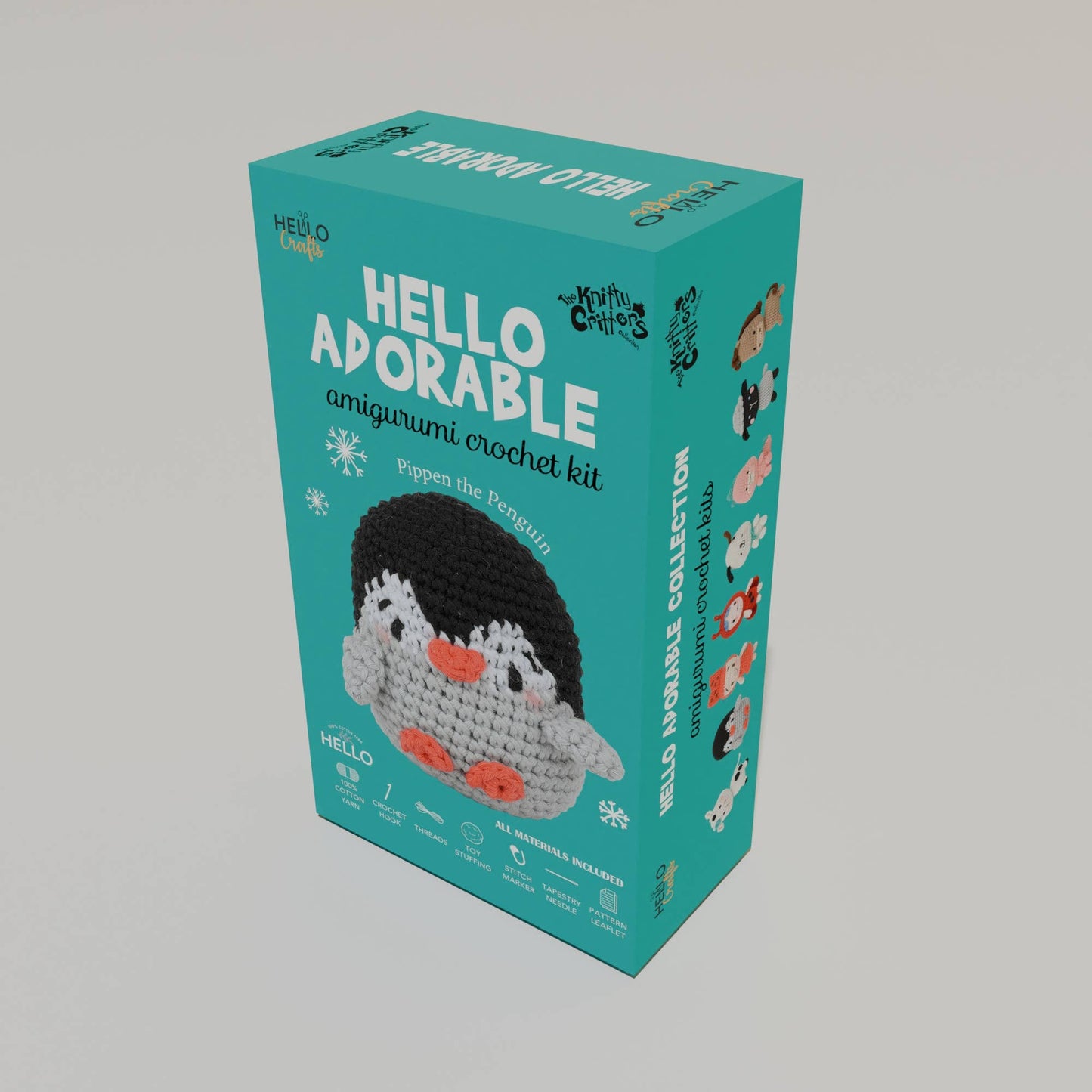 Crochet kit for Pippen the Penguin, featuring black and white yarn, tools, and instructions for crafting an adorable amigurumi.