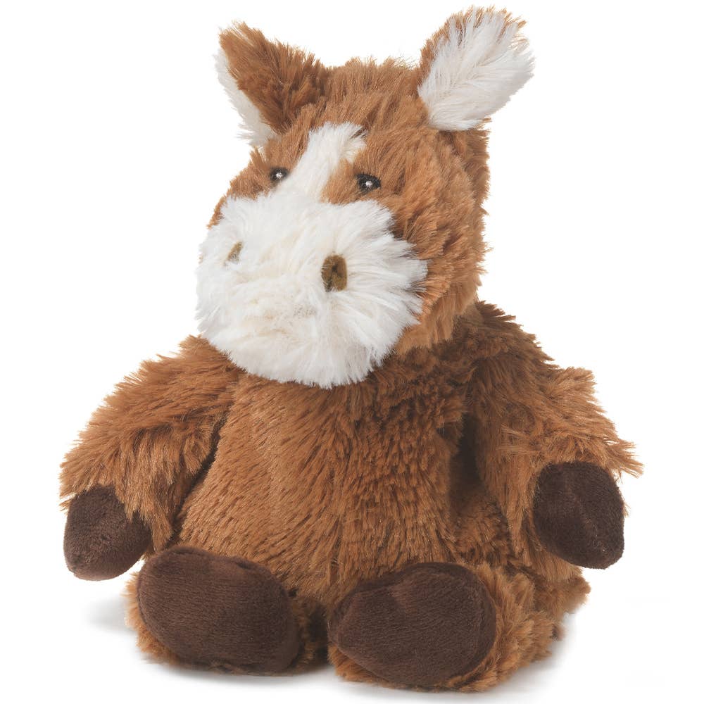 Plush brown horse toy with white snout and soft fur