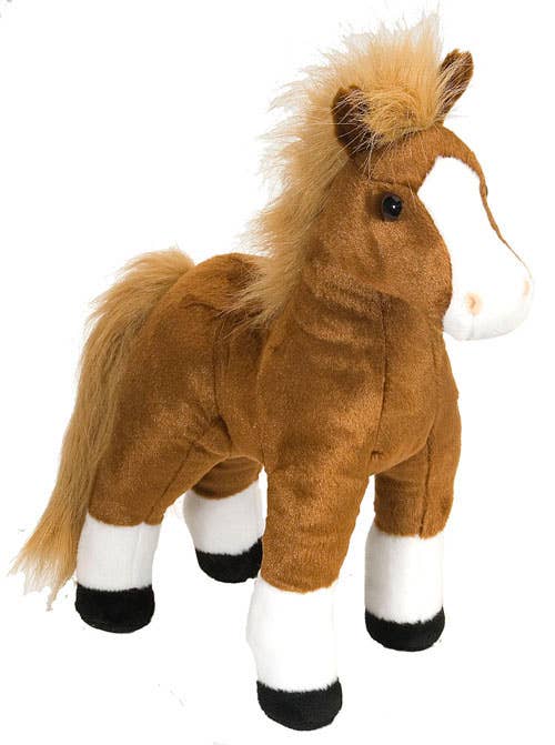 Standing brown horse plush toy with soft mane and white markings