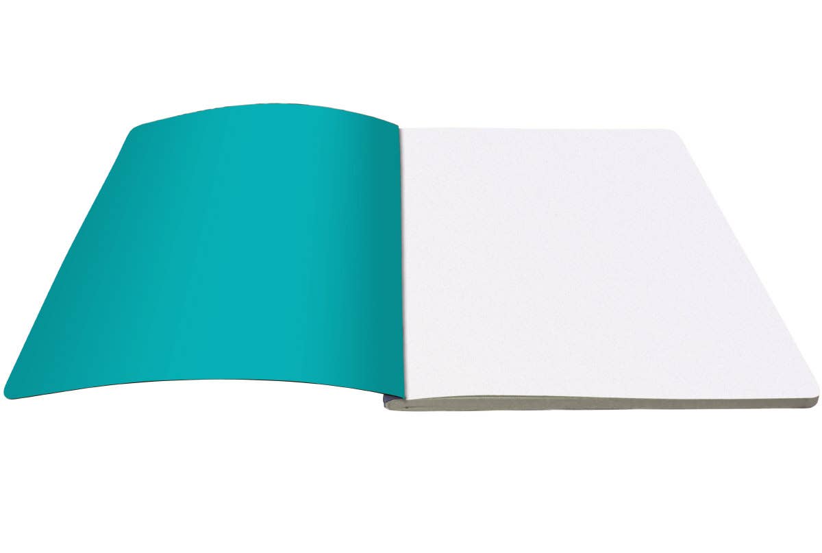 Large softback journal with a teal cover and blank white pages, perfect for writing and sketching.