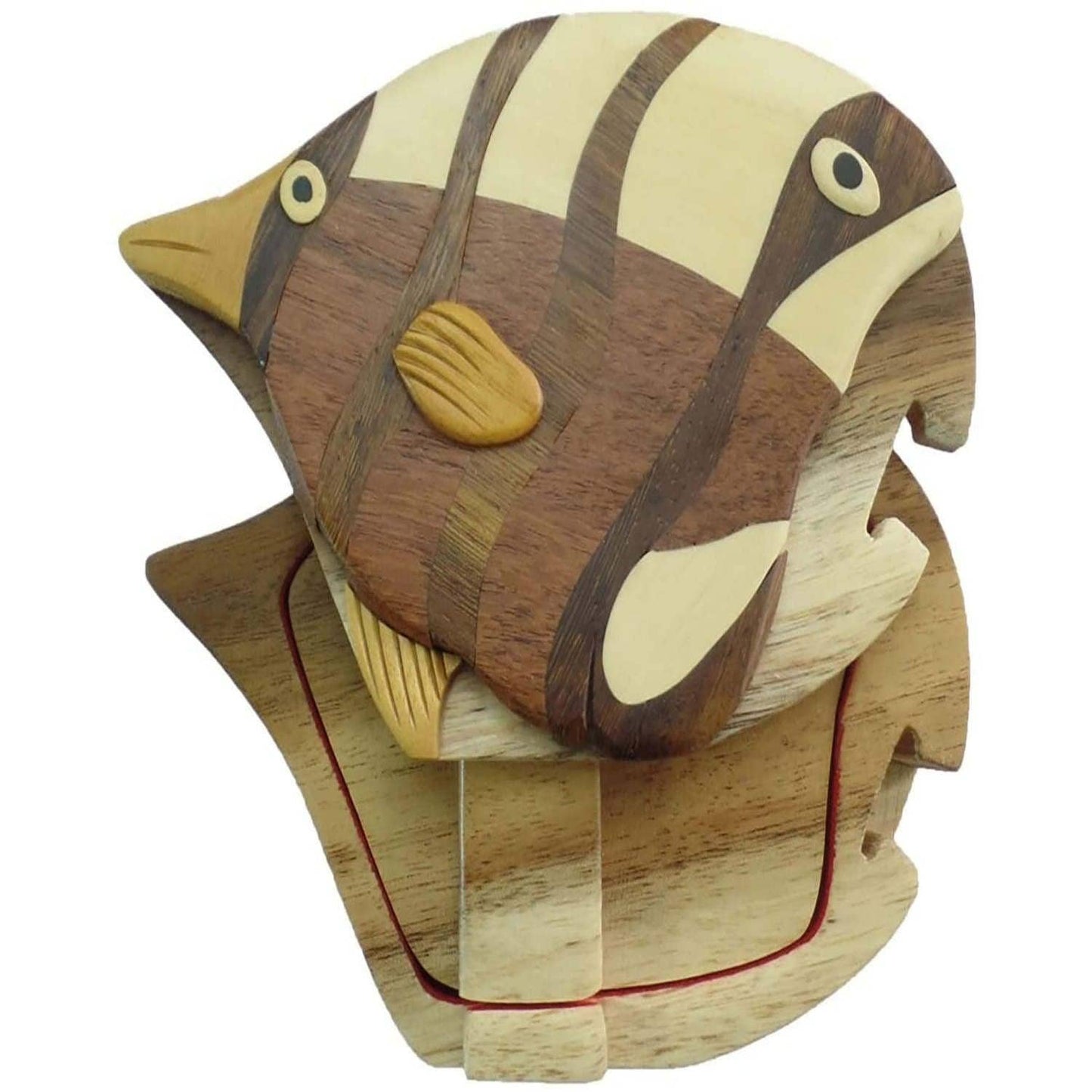 Hand-carved wooden keepsake box with an angel fish design, featuring a red interior and intricate wood patterns.
