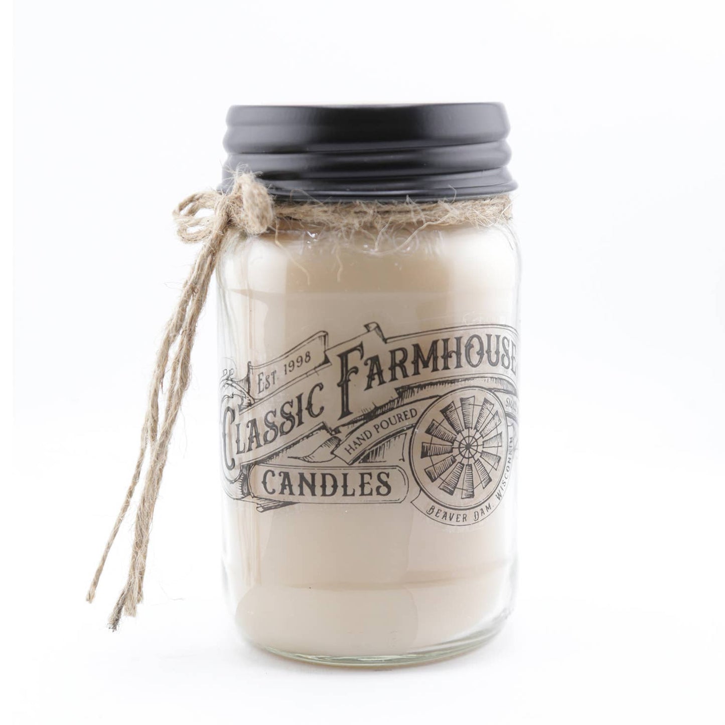 Hand-poured 14 oz mason jar candle with a plum, rose & vanilla blend, featuring a rustic twine tie and farmhouse label.