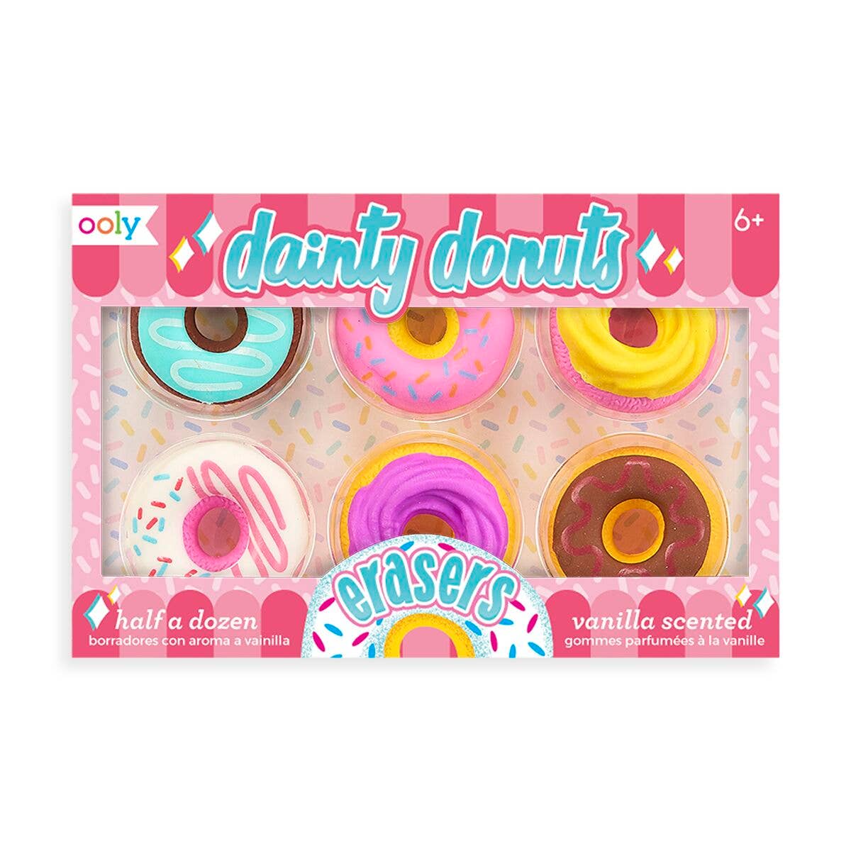 Colorful donut-shaped erasers in a pink gift box, scented like vanilla