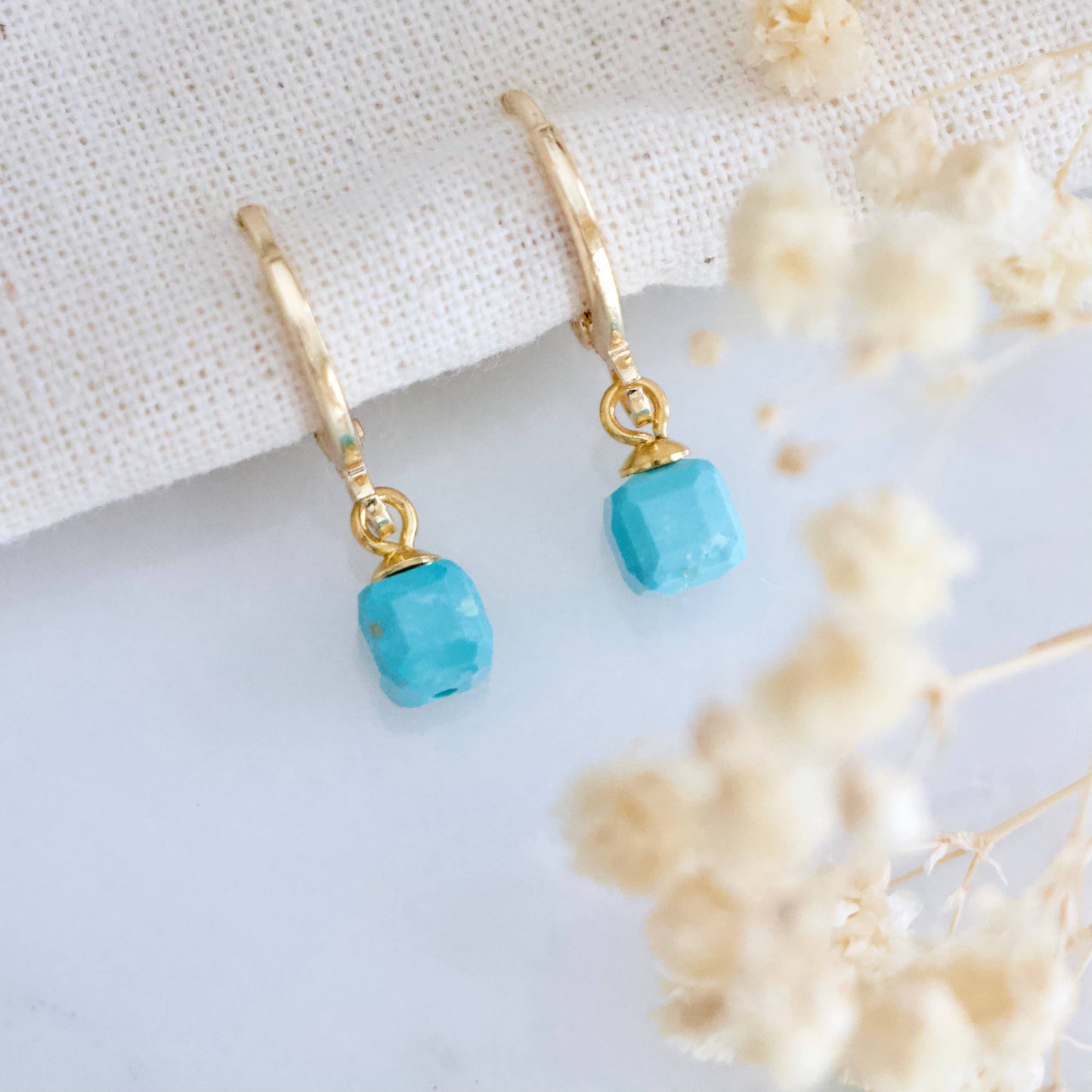 Turquoise Square Drop Huggie Hoop Earrings
