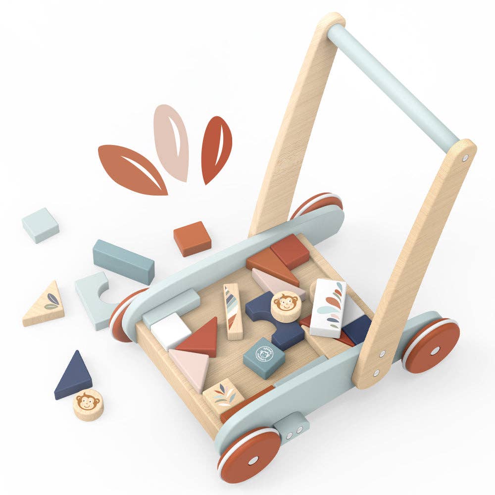 Wooden baby walker with colorful blocks and rubber-trimmed wheels.