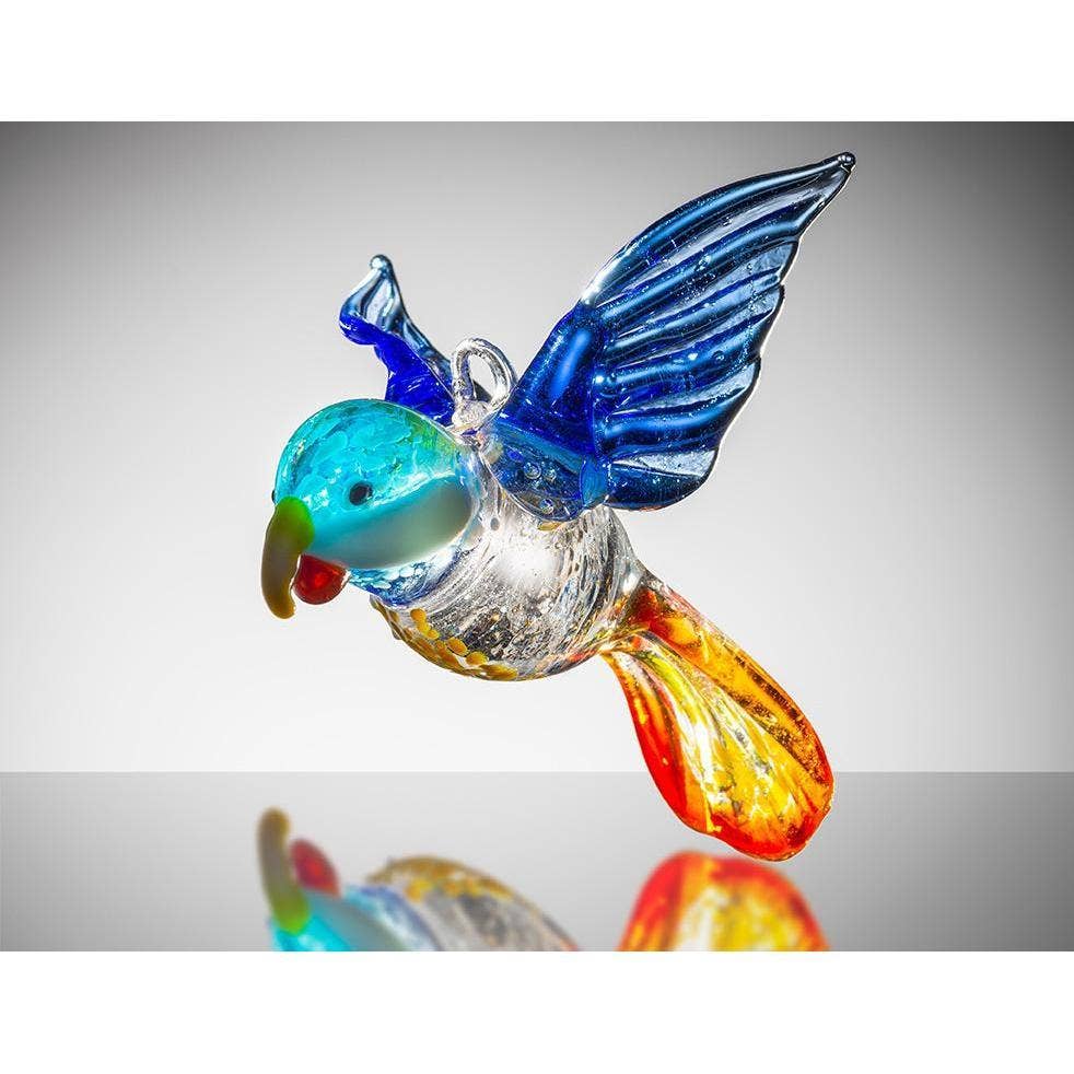 A vibrant blue and orange glass parrot with detailed wings and tail, perfect for hanging decor.