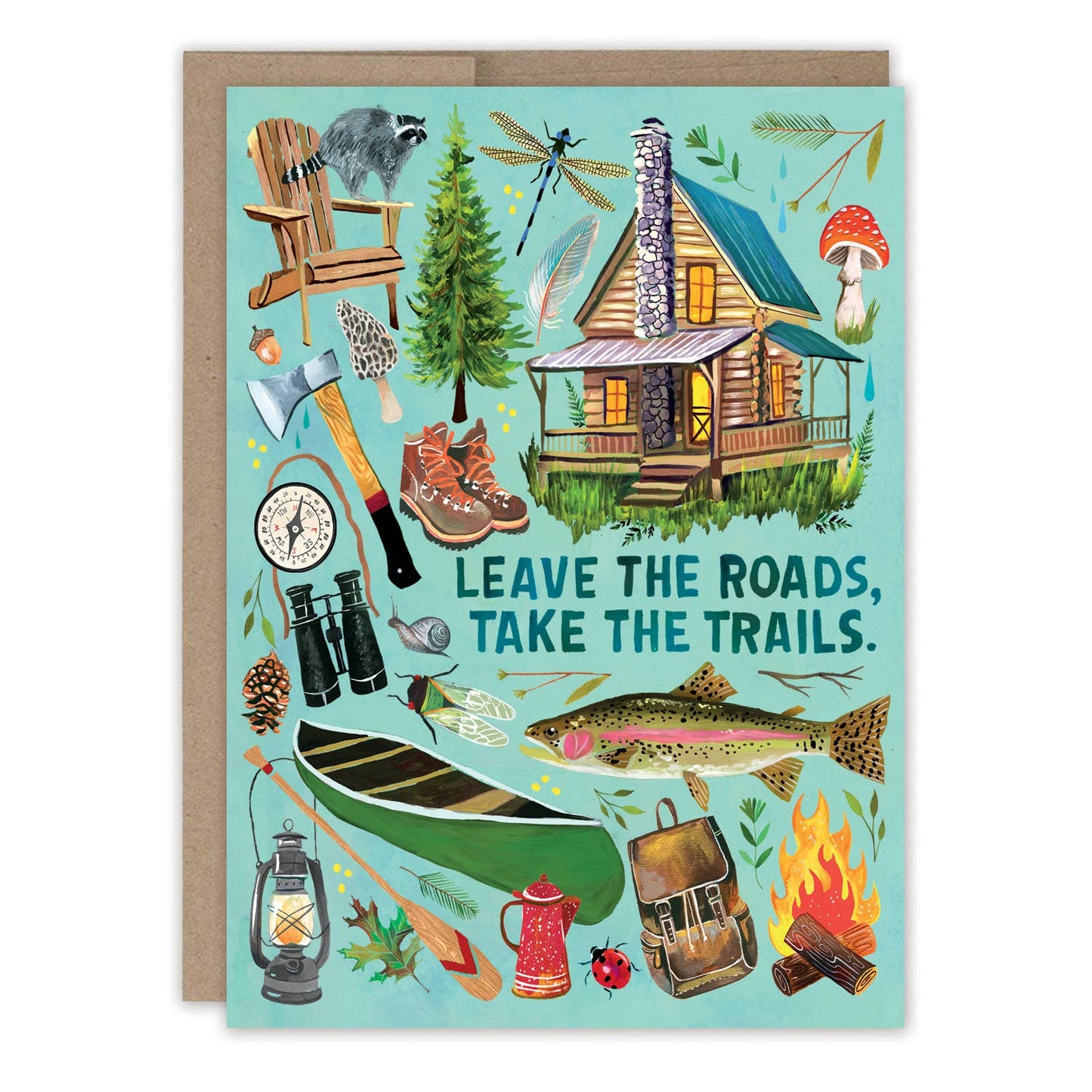 Colorful illustrated birthday card with cabin, nature items and the phrase 'Leave the Roads, Take the Trails'