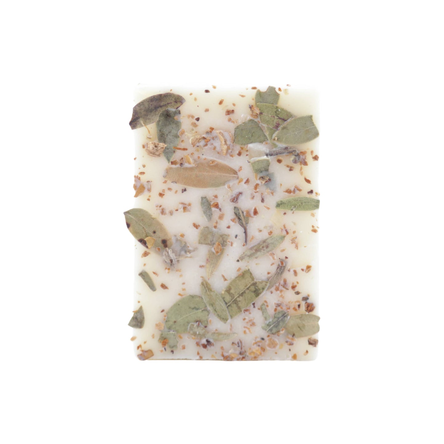 A creamy white soy wax melt bar with embedded green leaves and wood chips for a natural aroma.