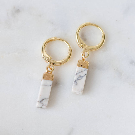 Gold huggie earrings with rectangular white turquoise stone charms