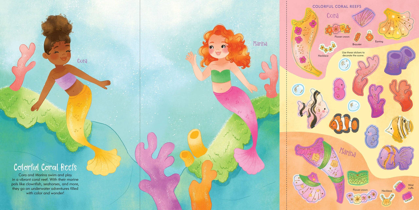 Mermaid sticker book with colorful characters and accessories for dress-up fun.