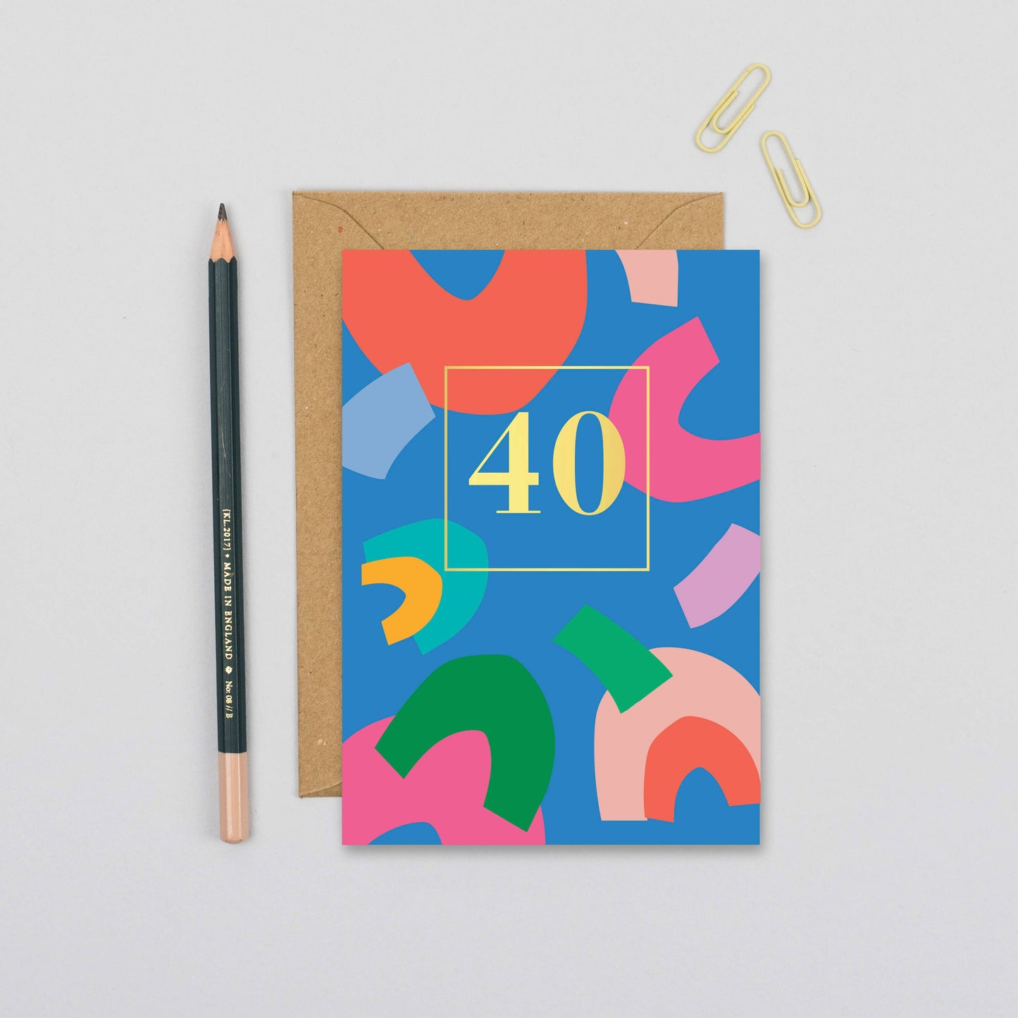 Blue 40th birthday card with abstract shapes and gold foil number