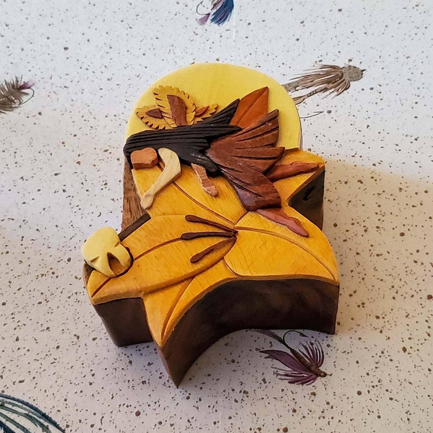 Handcrafted wooden tooth fairy box with a brunette girl design, featuring intricate details and a yellow dress.