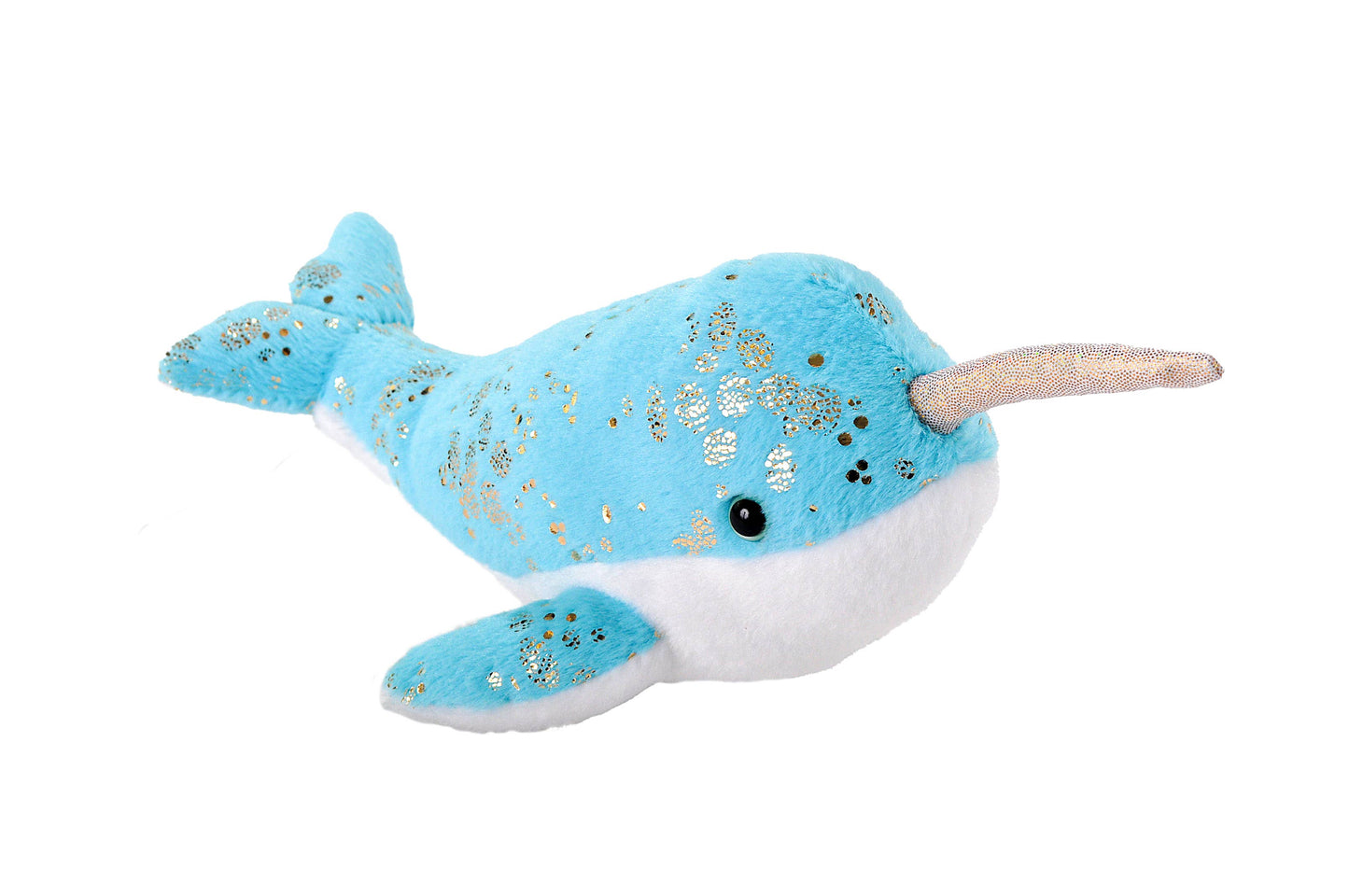 Blue narwhal stuffed animal with sparkly gold accents and a glittery horn