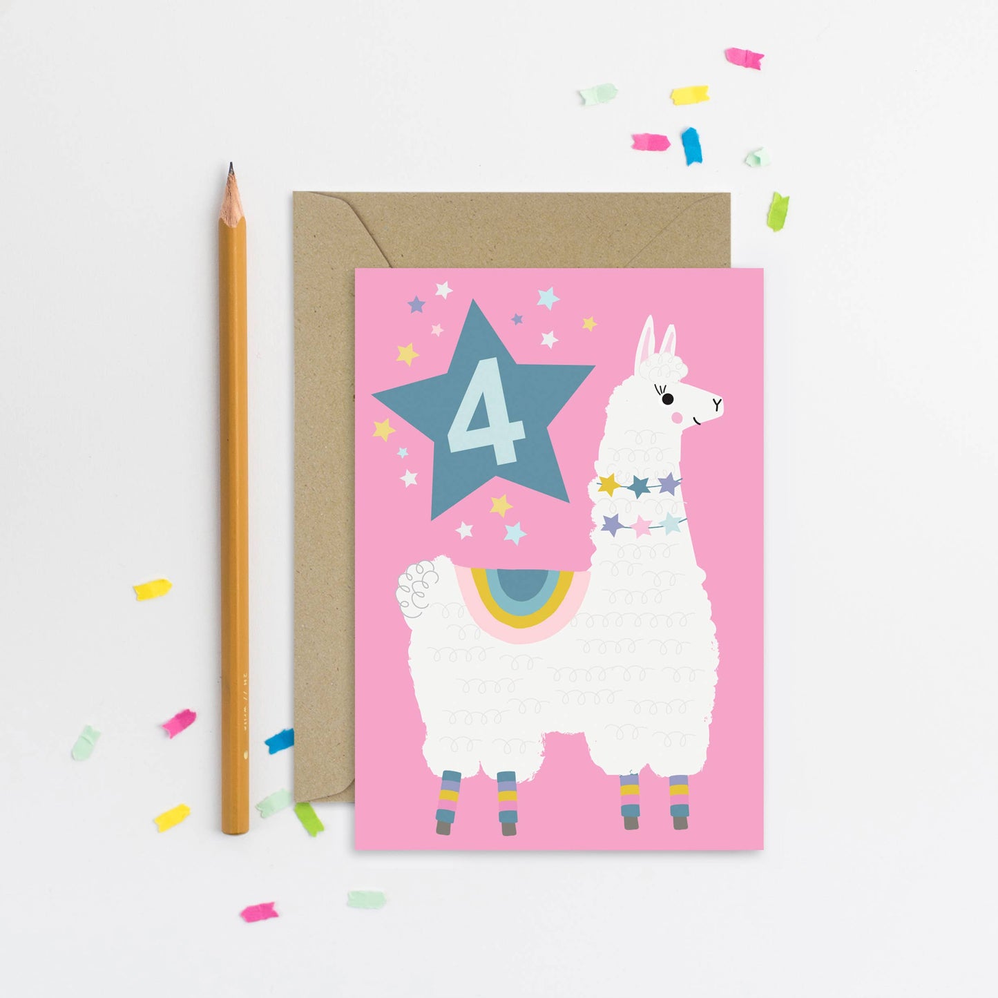 Pink llama-themed birthday card for age 4, featuring a white llama with colorful stars and a blue star with the number 4.
