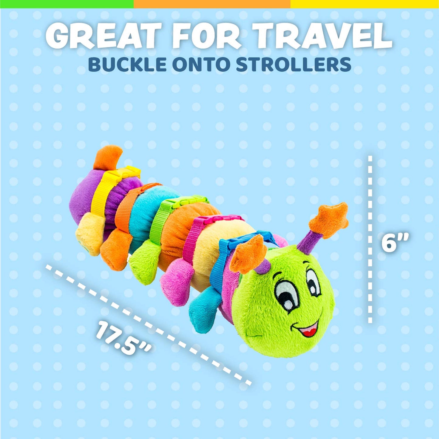Colorful plush caterpillar toy with buckles, featuring a green head and multicolored segments for fun and learning.