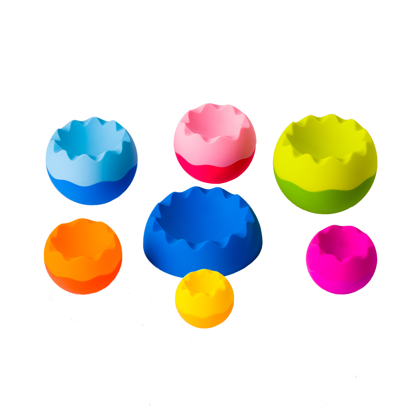 Brightly colored silicone stacking cups with tactile textures in blue, pink, yellow, orange, and purple.