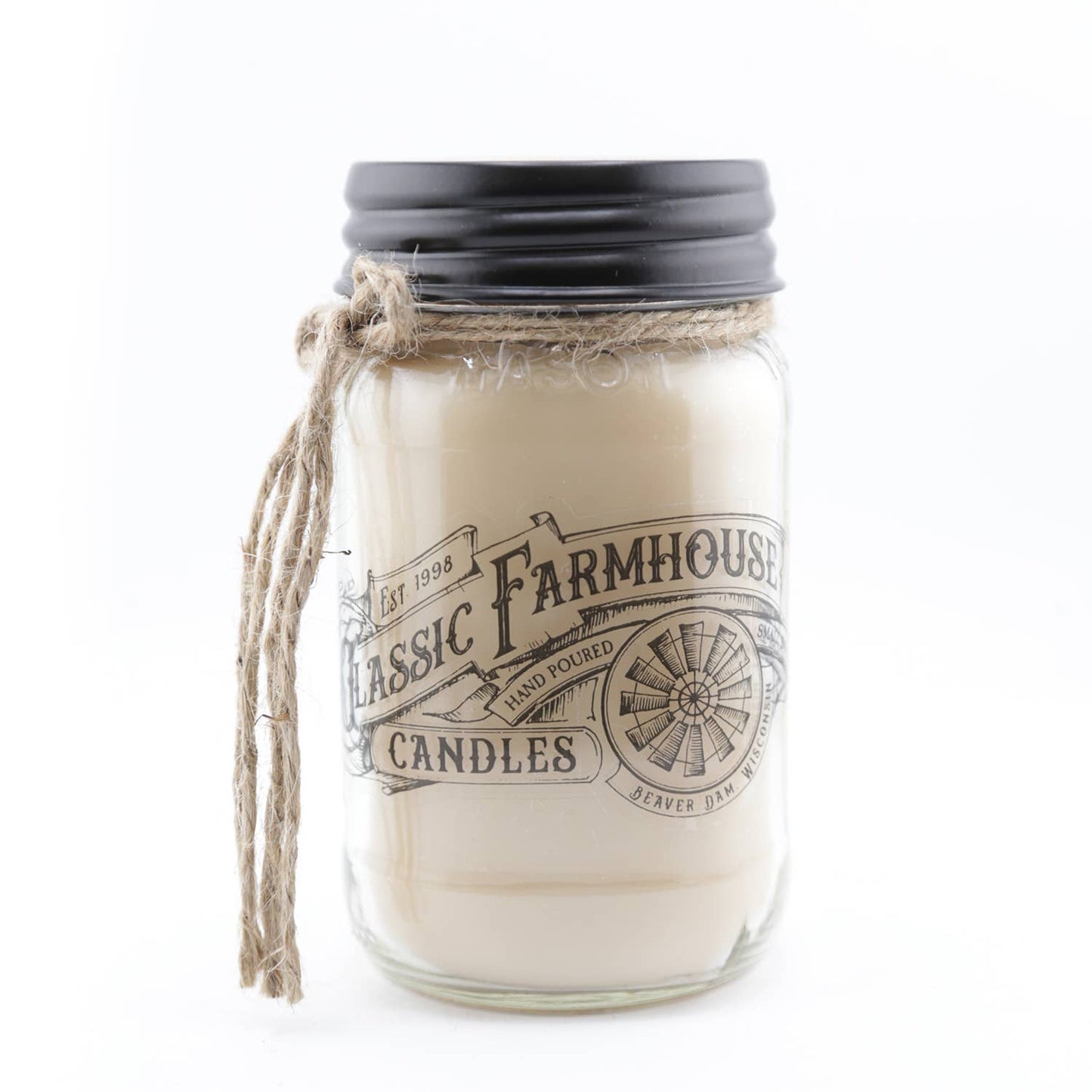 Hand-poured hazelnut latte candle in a 14 oz glass mason jar with black lid and twine tie.