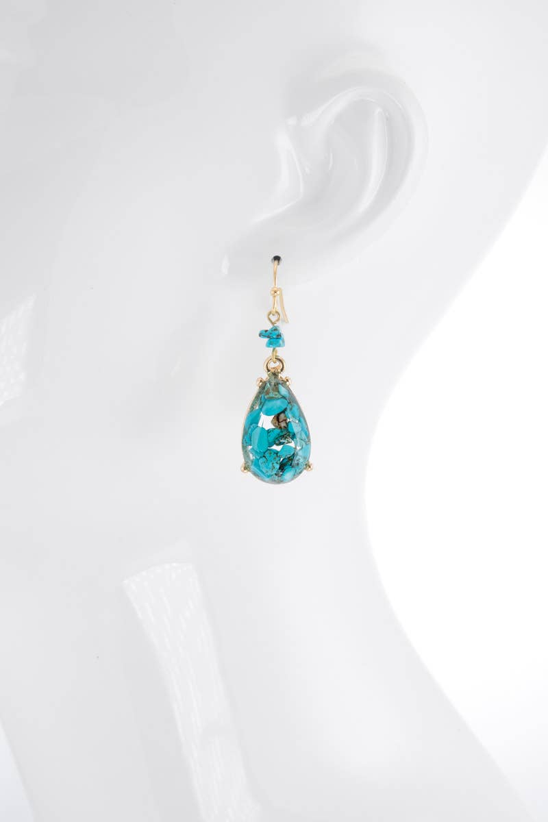 Teardrop earrings with vibrant blue Amazonite stone and gold finish, perfect for elegant occasions.