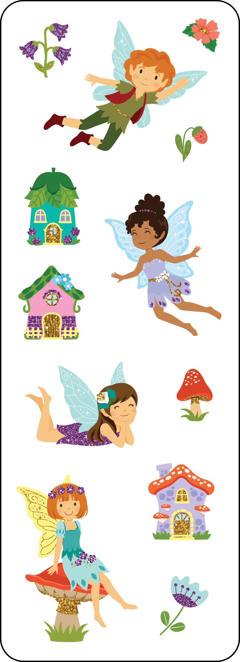 Colorful fairy stickers with holographic accents, featuring magical fairies, mushroom houses, and enchanted flowers.
