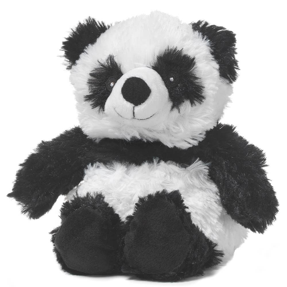 Black and white plush panda with soft fur and round shape
