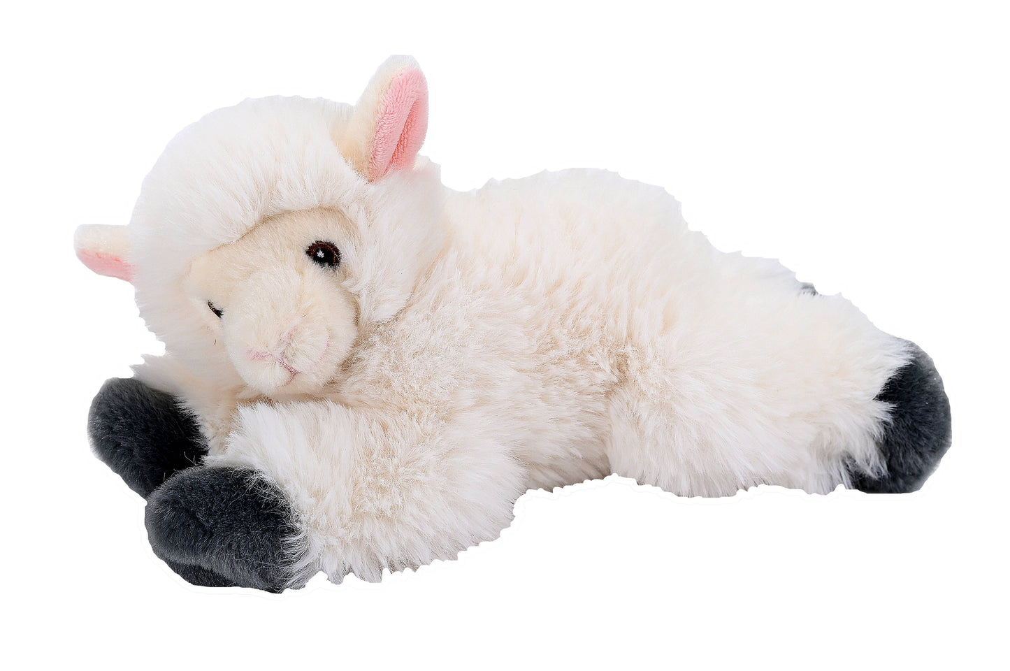 Small plush lamb toy with fluffy white fur and gray hooves