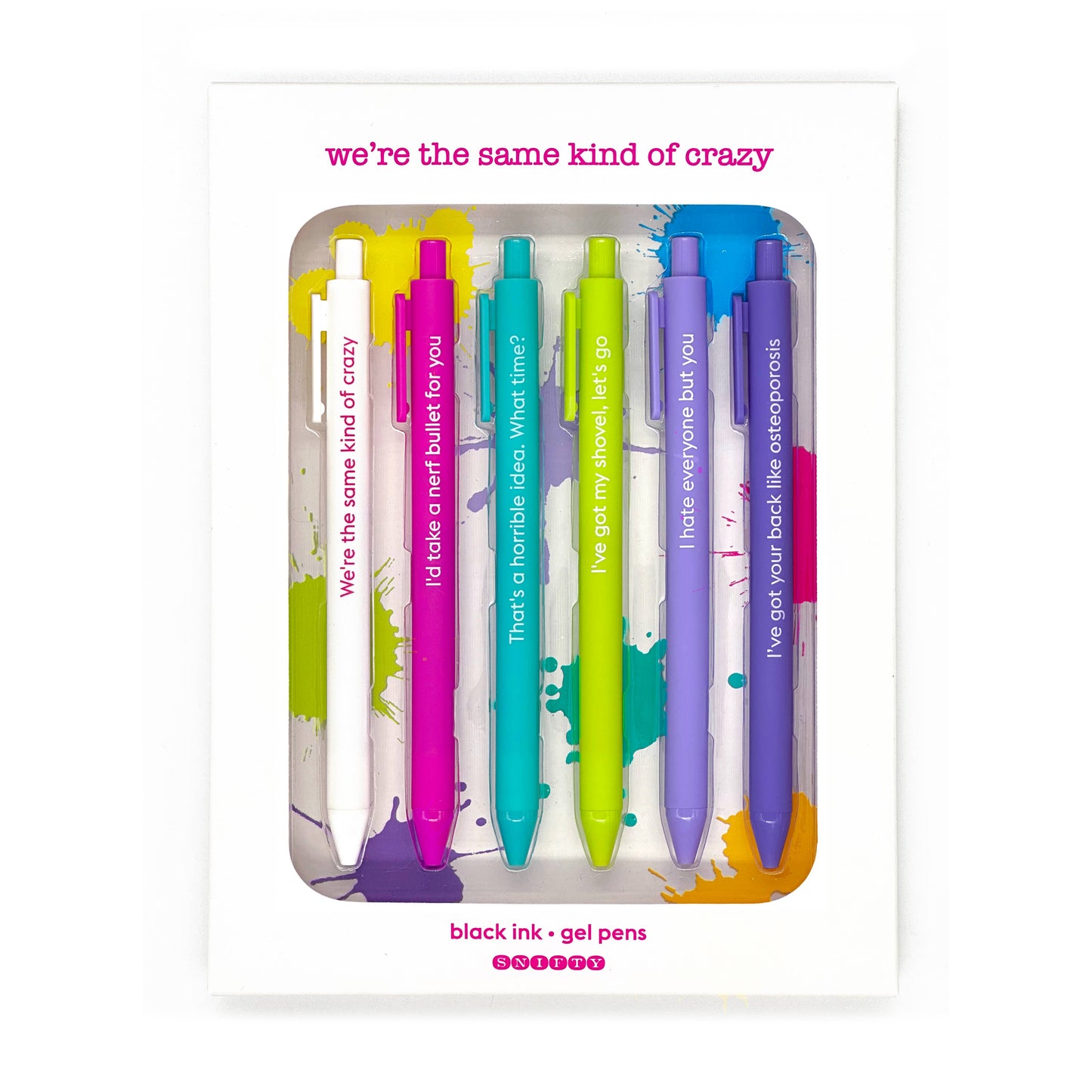 Set of six colorful gel pens with witty friendship quotes in gift box packaging