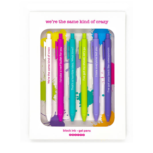 Set of six colorful gel pens with witty friendship quotes in gift box packaging