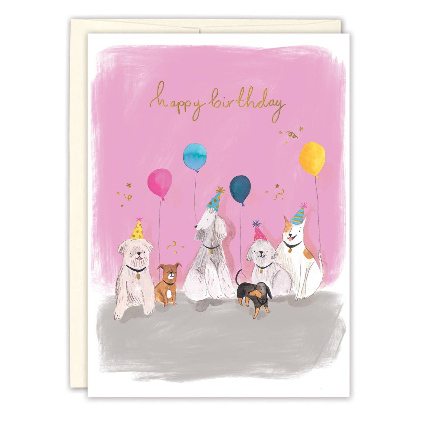 Birthday card with illustrated dogs wearing party hats and holding balloons on a pink background.