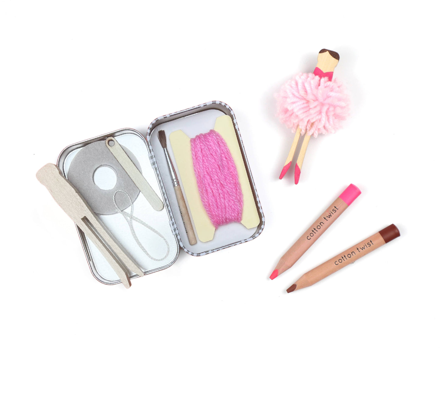 DIY ballerina craft kit with pink pom pom doll, wooden limbs, and tools in a keepsake tin.