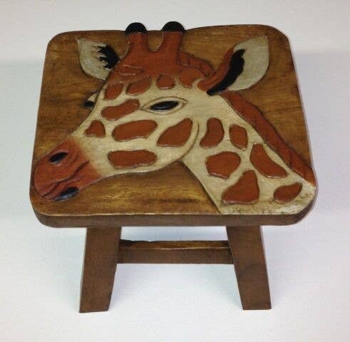 Wooden giraffe-themed stool with hand-carved animal design